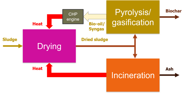 Schematic showing integration of sludge drying with the downstream operations of anaerobic digestion and incineration, where the latent heat from the downstream processes is used to heat the dryer.